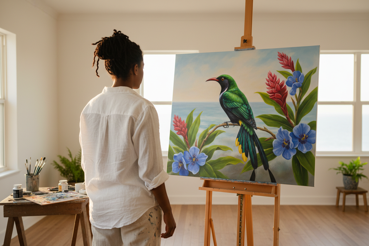 generate an image of a female jamaican  artist painting jamaica's national animal the doctor bird  on a large canvas with her back facing front and looking at the artwork on the canvas. setting is in a home studio that has a light clean background