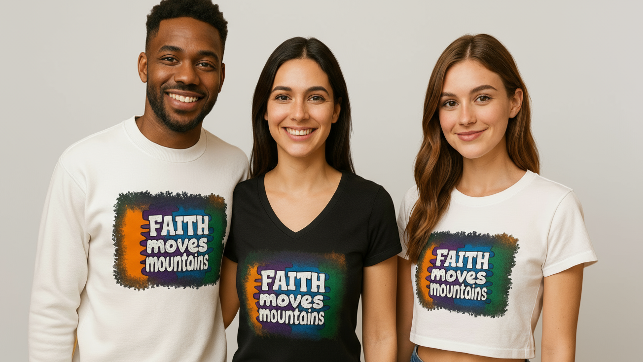 Three people wearing t-shirts with 'Faith moves mountains' text on a plain background